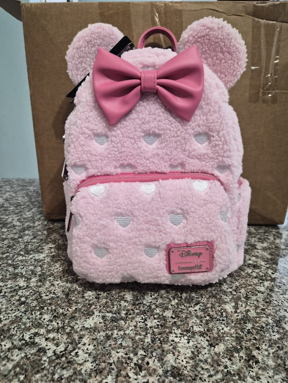 Loungefly Pink Sherpa Mini Backpack with Heart Appliqués and Bow, Scented